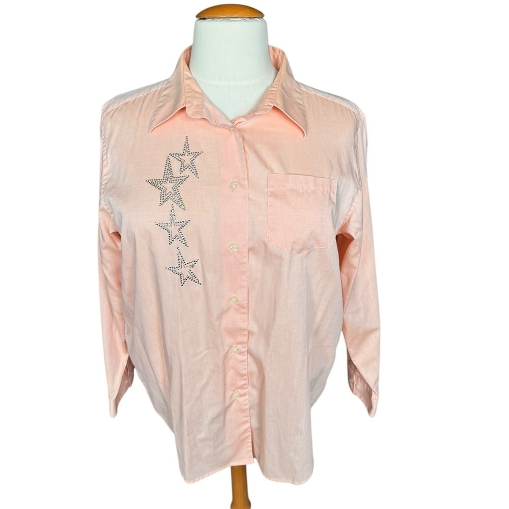 Bill Blass Star Rhinestone Button Down Blouse Pink Coastal Chic Preppy Y2K 2XL